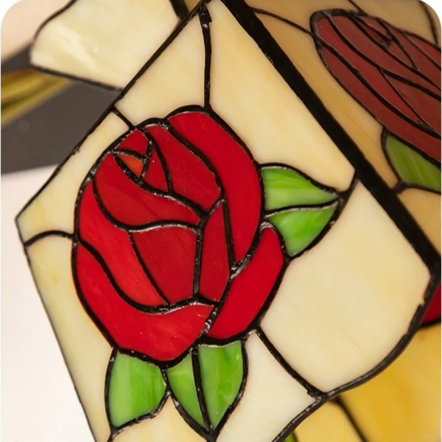 Afralia™ Tiffany Rose Flower LED Ceiling Light Fixture with Wood Ball and Glass Plafond Lamp