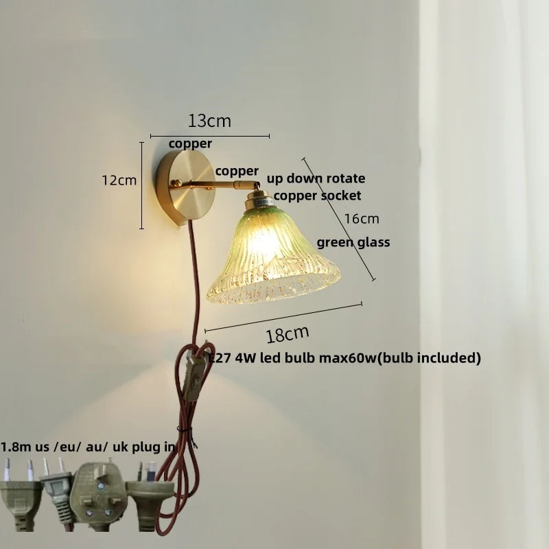 Afralia™ Blue Glass Wall Sconce Pull Chain Switch Rotate Stair Light