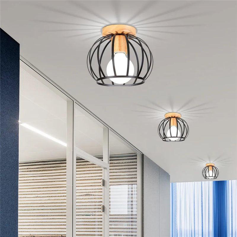 Afralia™ Nordic Wood Iron Cage Ceiling Lamp for Hallway Balcony Illumination