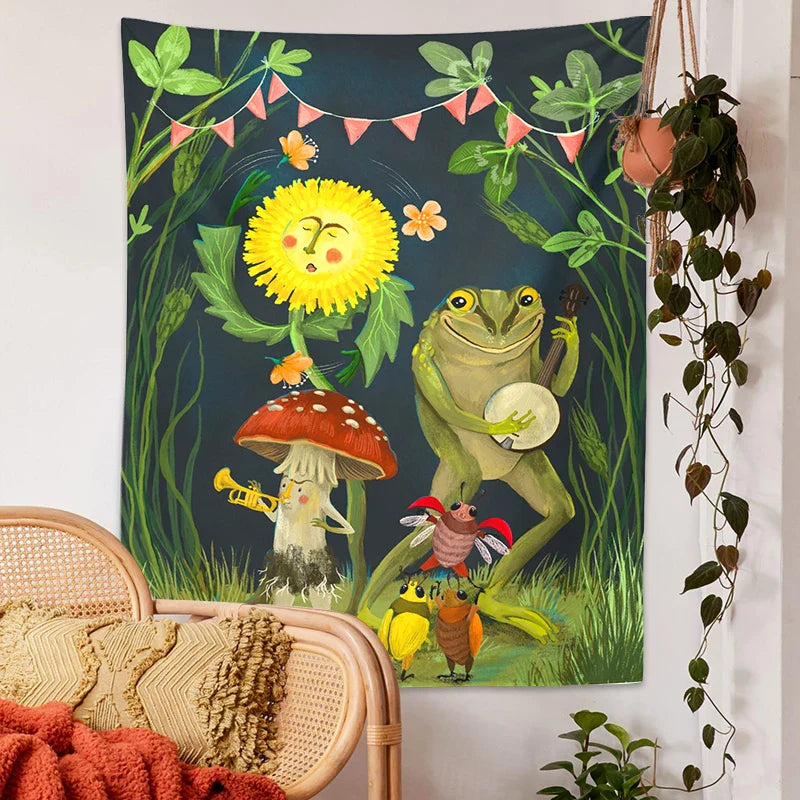 Frog Mushroom Tapestry Wall Hanging by Afralia™: Psychedelic Forest Animals Gathering Art Home Decor