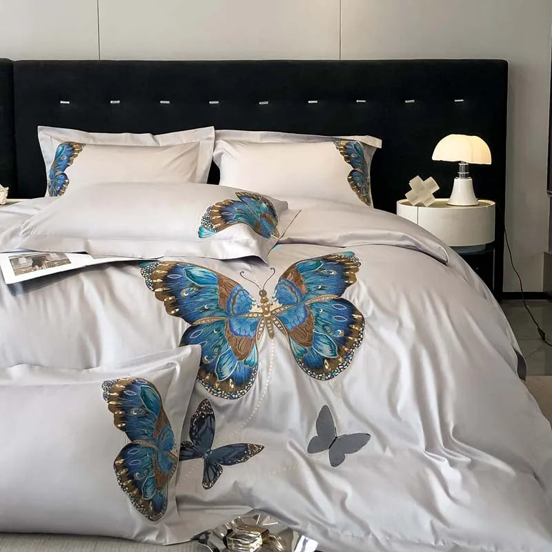 Afralia™ Butterfly Embroidery Bedding Set: King/Queen/Ru Size Bed Linens, Sheet, Pillowcase, Comforter Cover