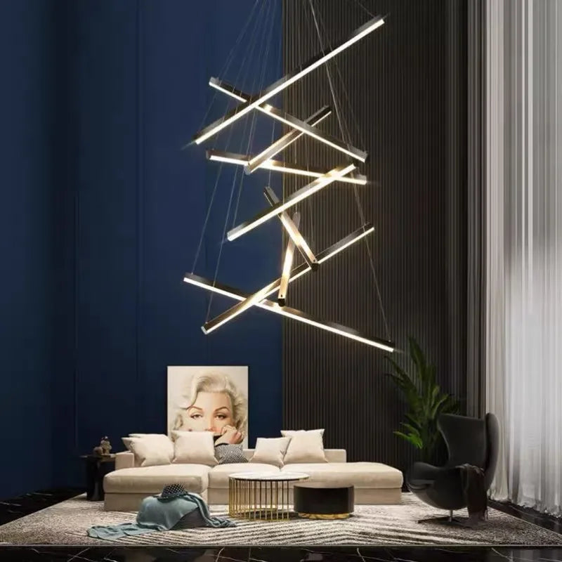 Afralia™ Modern Duplex Stair Chandelier Lights: Creative LED Line Lamps for Empty Living Room