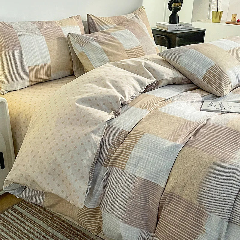 Afralia™ Pure Cotton Striped Bedding Set Duvet Cover Fitted Sheet Kit for Single/Double