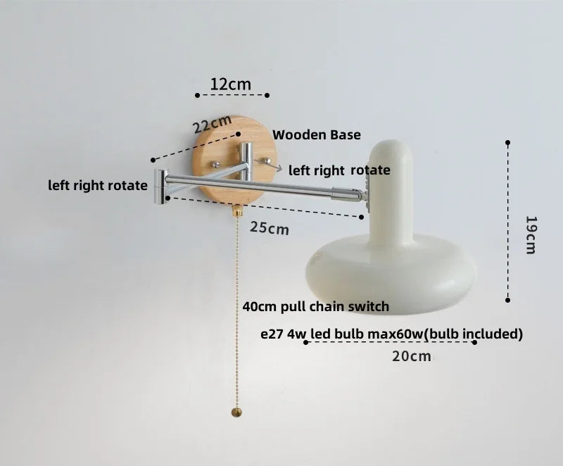 Afralia™ Rotating LED Wall Sconce with Pull Chain Switch, Wood Base Bedside Lamp