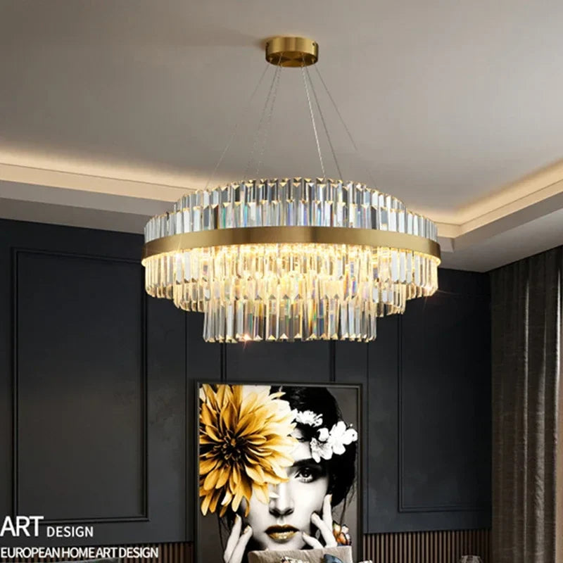 Afralia™ Luxury Crystal Golden Gloss LED Ceiling Chandelier for Dining & Living Room