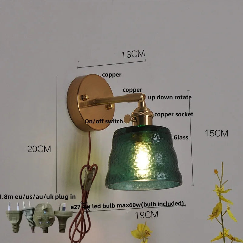 Afralia™ Clear Glass LED Wall Lights Brass E27 Pull Chain Switch Bedside Lamp