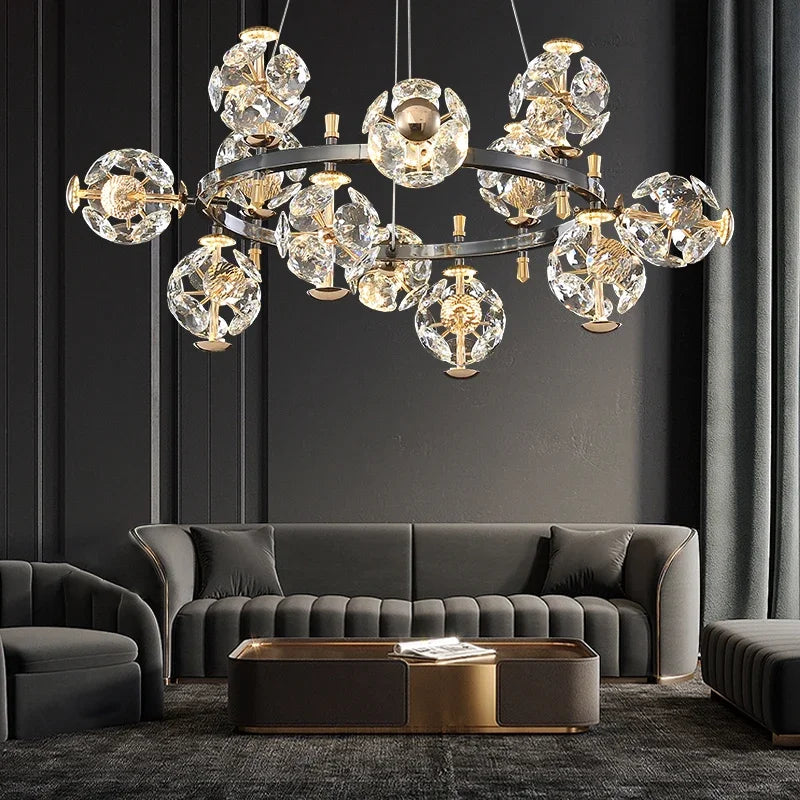 Afralia™ Sunflower Crystal Chandelier: Luxury Gold & Black LED Pendant Light