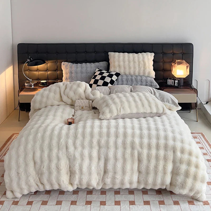 Afralia™ Plush Shaggy Faux Rabbit Fur Bedding Set: Duvet Cover, Bed Sheet, Pillowcases