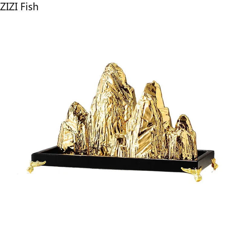 Afralia™ Ceramic Mountain Sculpture Decor - Golden/Silver Landscape Ornament