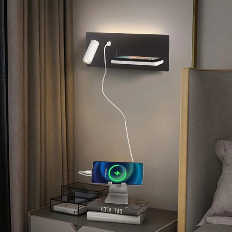 Afralia™ Rotatable LED Wall Lamp with Wireless Charging, USB Port, and Switch