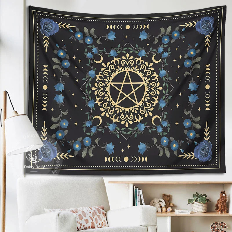 Afralia™ Blue Rose Moon Floral Tapestry Wall Hanging Botanical Tarot Mat