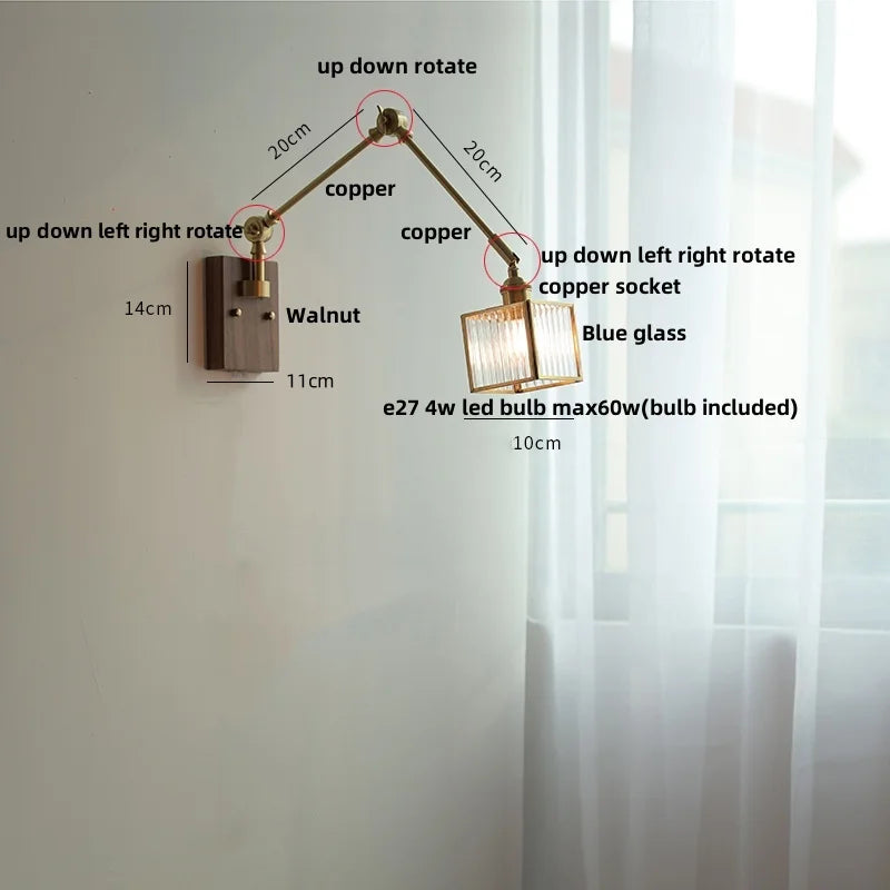 Afralia™ Ash Wood LED Swing Arm Wall Light with Pull Chain Switch & Blue Glass