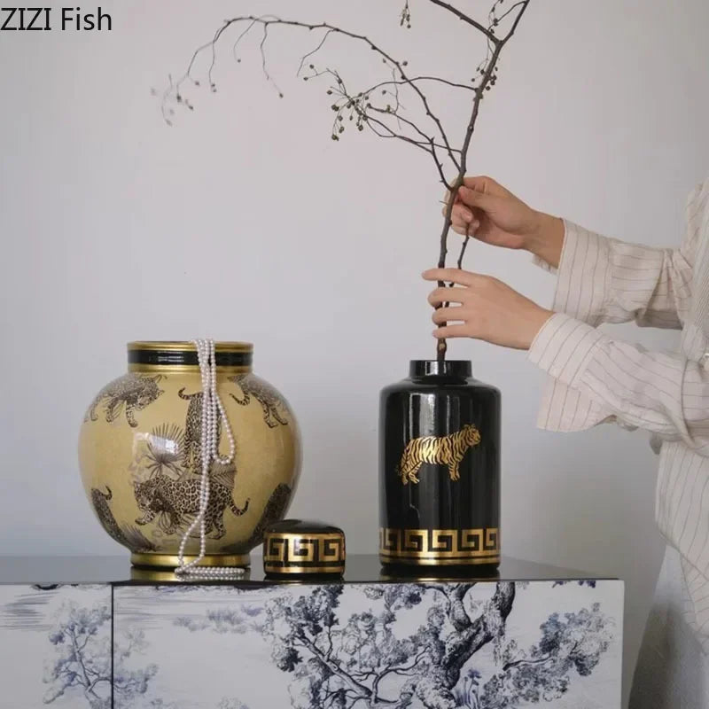 Afralia™ Porcelain Tiger Pattern Vase - Handmade Ceramic Home Decor