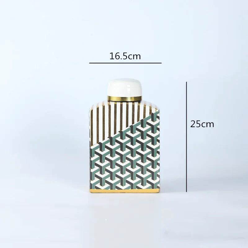 Afralia™ Retro Golden Ceramic Jar Vase Handicraft Square Cover Geometry Decor