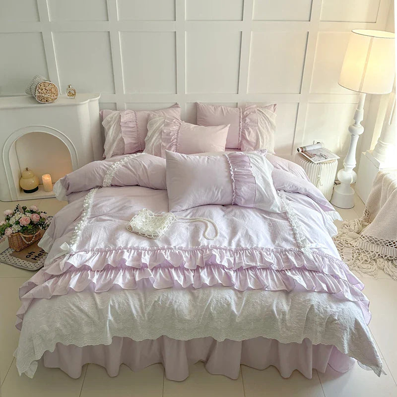 Afralia™ Korean Lace Ruffles Cotton Bedding Set - Sweet Girl Design