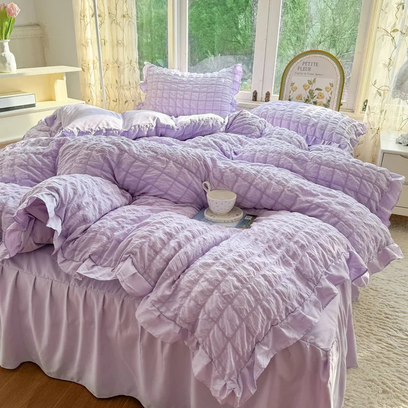 Afralia™ Korean Princess Soft Bedding Set, Wash Cotton Solid Color Duvet Cover Collection