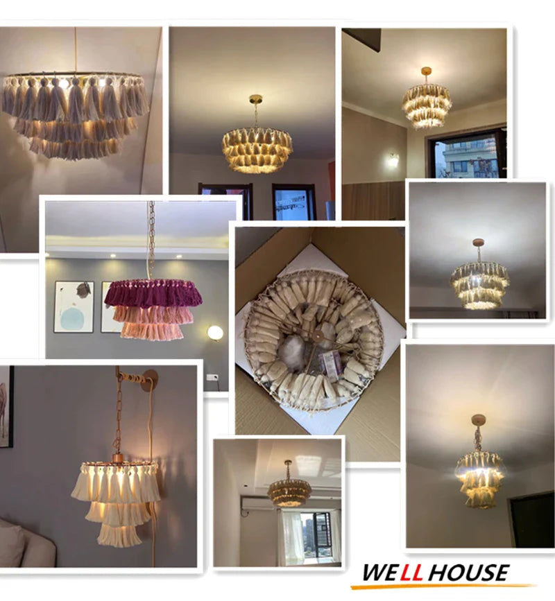 Afralia™ Tassel Chandelier: Woven LED Boho Lamp for Dining Bedroom Kitchen Island
