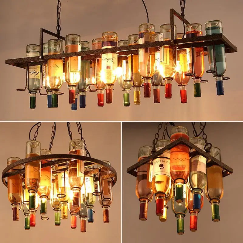 Afralia™ Rust Metal Wine Bottle LED Chandelier Pendant Lights Bar Restaurant Cafe Industrial