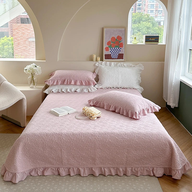 Afralia™ Rose Flower Bed Cover Set: Quilted Washed Cotton with Lace Ruffles, Two-Sided Design