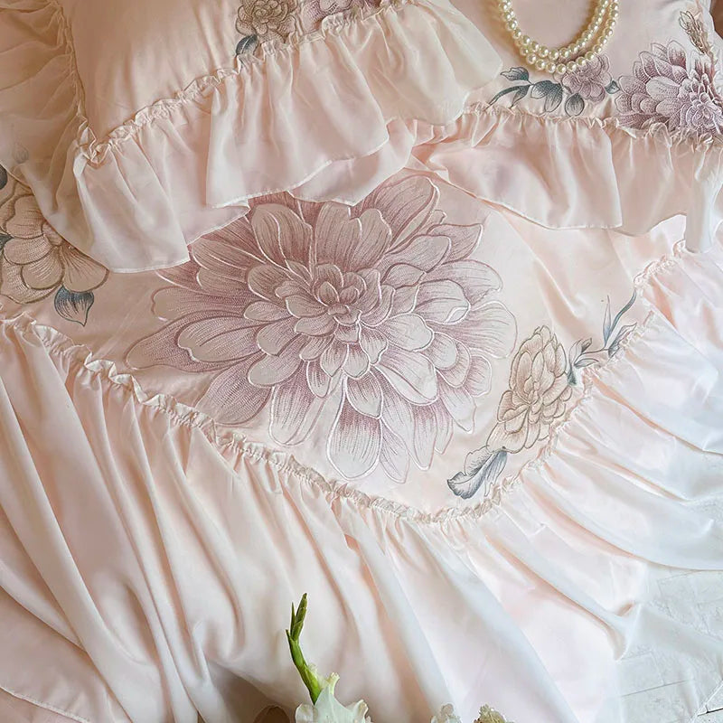 Afralia™ Pink Flowers Lace Ruffles Princess Bedding Set, 1200TC Egyptian Cotton Duvet Cover