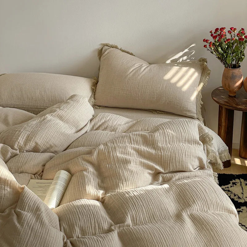 Afralia™ Pure Cotton Tassel Duvet Set Double Layered Cozy Bedclothes