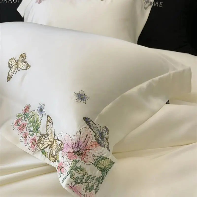 Afralia™ Butterfly Flowers Embroidery Bedding Set: Silky Soft Eucalyptus Fiber Duvet Cover