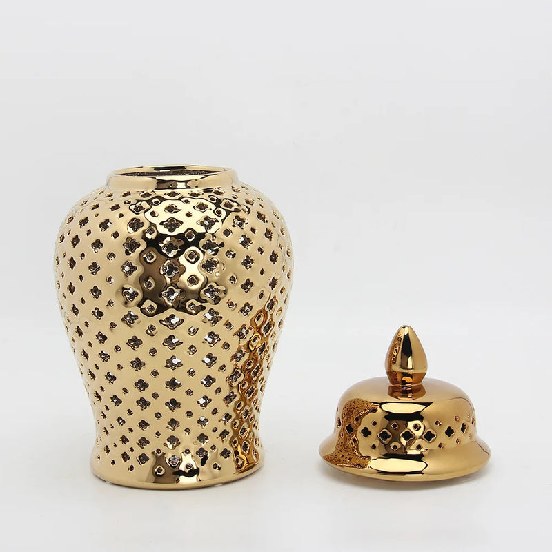 Afralia™ Golden Ceramic Ginger Jar Home Decor Vase Pot Flower Arrangement Storage Jar