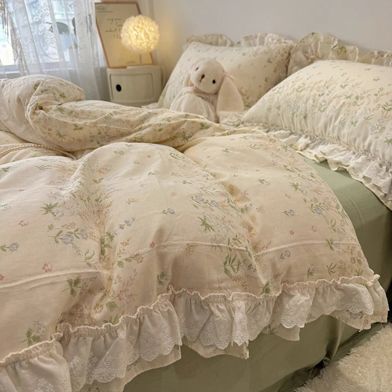 Afralia™ Floral Lace Ruffles Bedding Set in 100% Cotton, Korean Style, Single/Queen/King Size