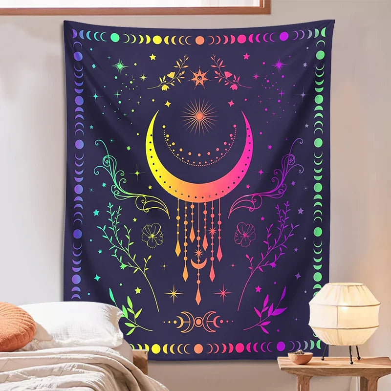 Afralia™ Celestial Moon Phase Tapestry with Floral Accents