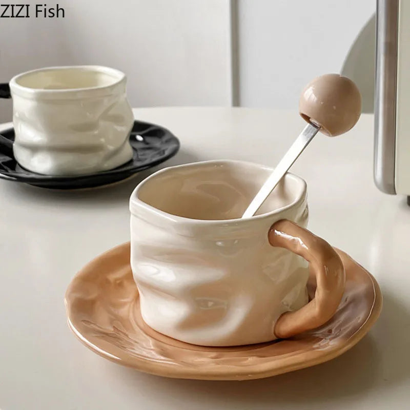 Afralia™ Pleated Paper Ceramic Cup&saucer Set - Elegant Dining Coffee Mug Tea Cup Juice Container