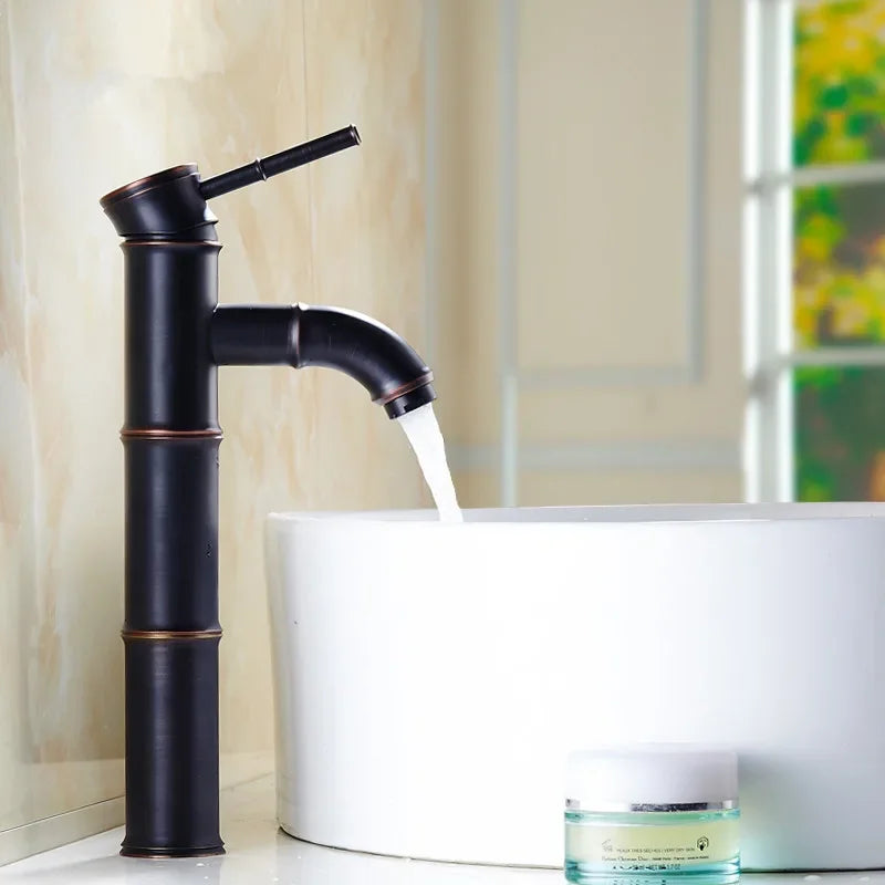 Afralia™ Black Bronze Waterfall Faucet Bamboo Bathroom Sink Tap High Arch Mixer