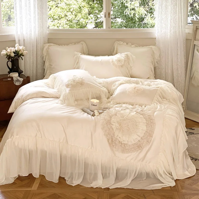 Afralia™ Luxury Wedding Embroidered Bedding Set with Handmade Flowers and Lace Edge