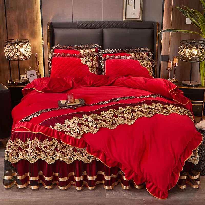 Afralia™ Black Gold Lace Duvet Set, Luxury Crystal Velvet, Quilted Embroidery, Ruffle Bedding