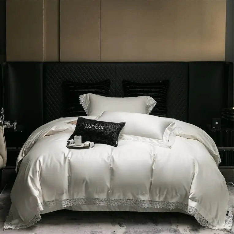 Afralia™ French Lace Edge Bedding Set, 1000TC Egyptian Cotton, Queen King, Duvet, Sheet, Pillowcases