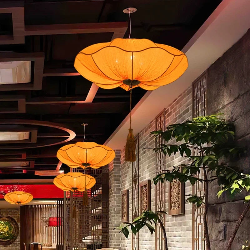Afralia™ Lotus Leaf Lantern Pendant Light Handmade Fabric Hanging Lamp for Kitchen & Restaurant