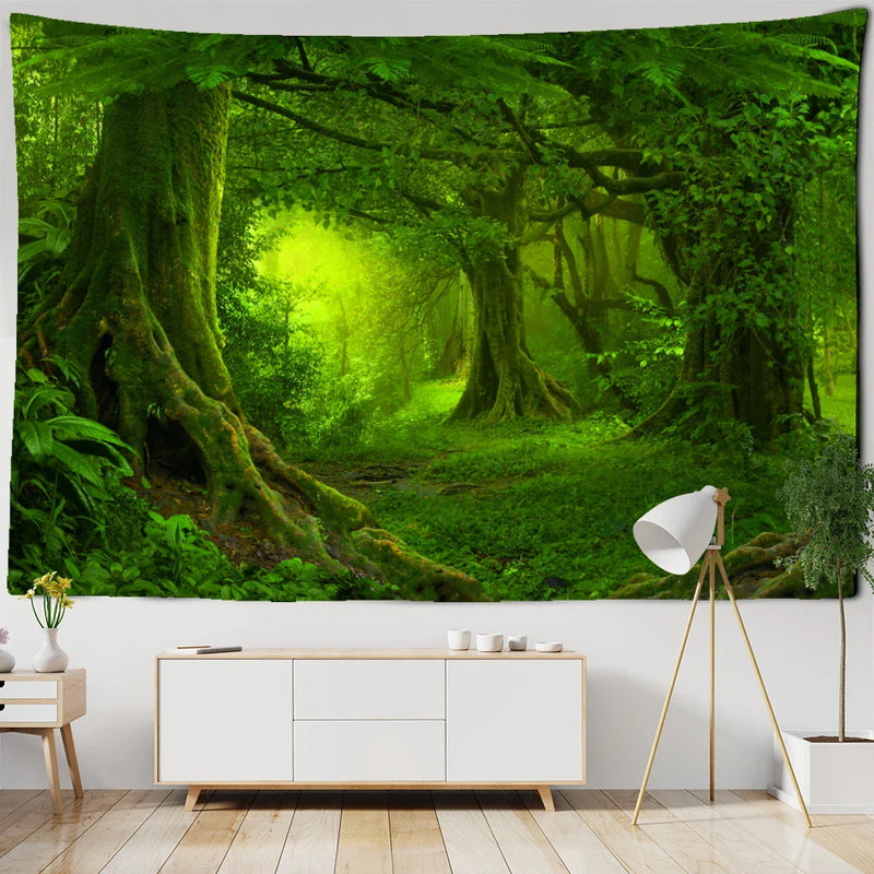 Green Leaf Forest Tapestry Wall Hanging by Afralia™ - Nature Scenery Boho Hippie Decor