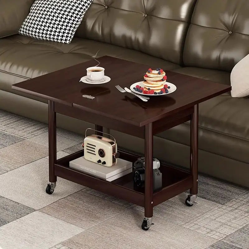 Solid Wood Cart Coffee Table with Folding Desktop and Storage by Afralia™