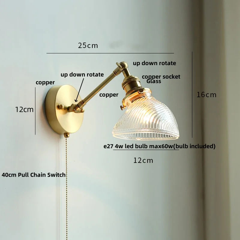 Afralia™ Vintage Brass Clear Glass Wall Lights Rotate Bedside Lamp for Restaurant Bedroom