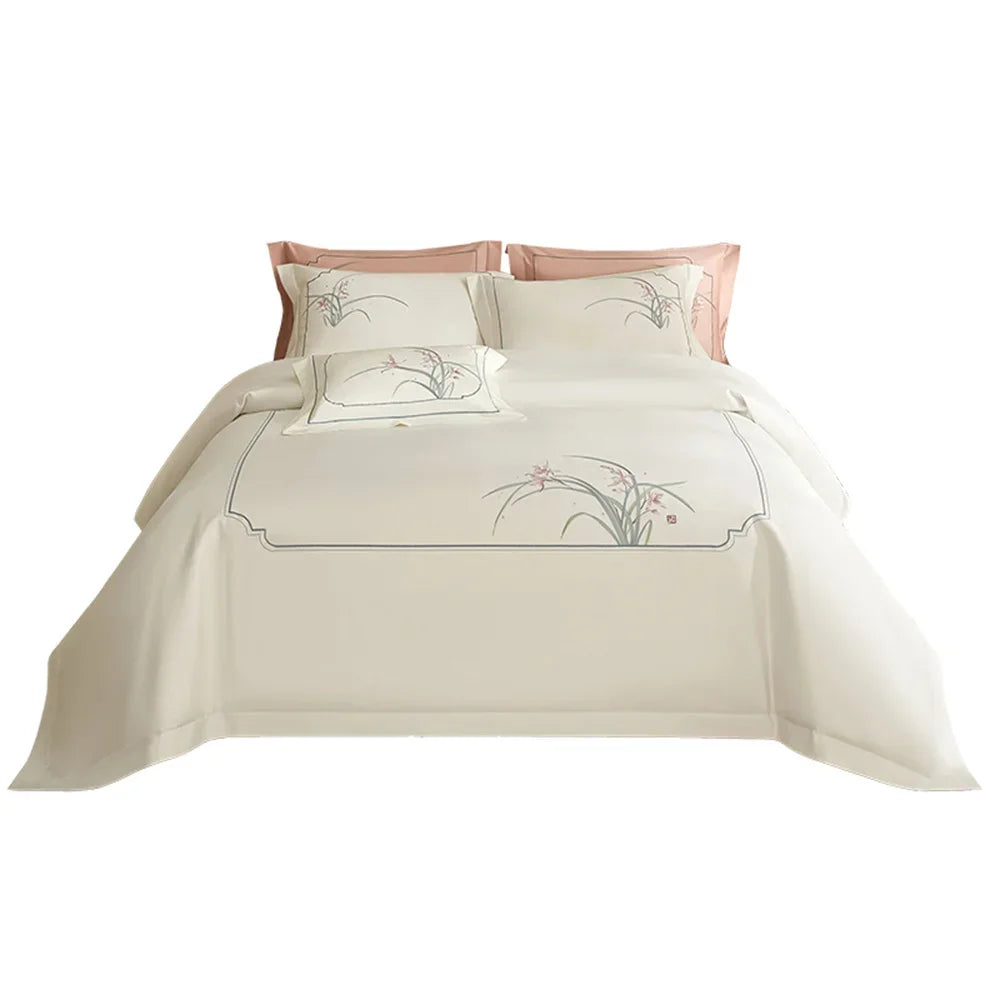 Afralia™ Pink Satin Jacquard Lotus Duvet Set 4Pcs Queen King Bedlinens