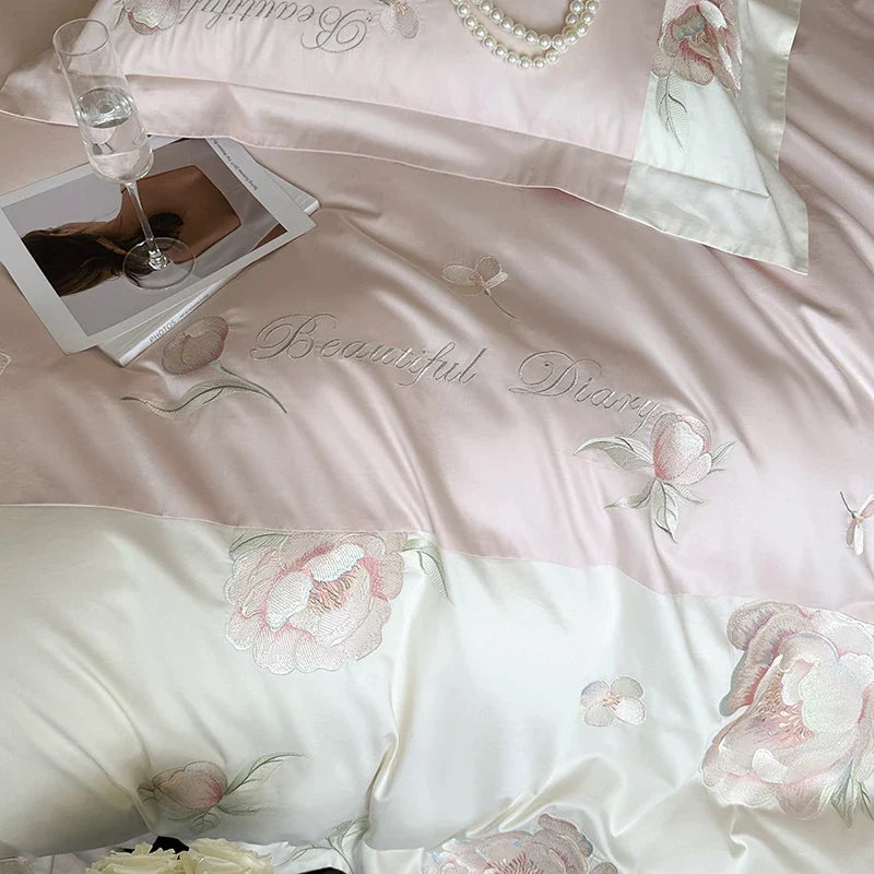 Afralia™ Pink Flowers Embroidery Luxe Bedding Set: 1000TC Egyptian Cotton Duvet Cover, Bed Sheet, Pillowcases