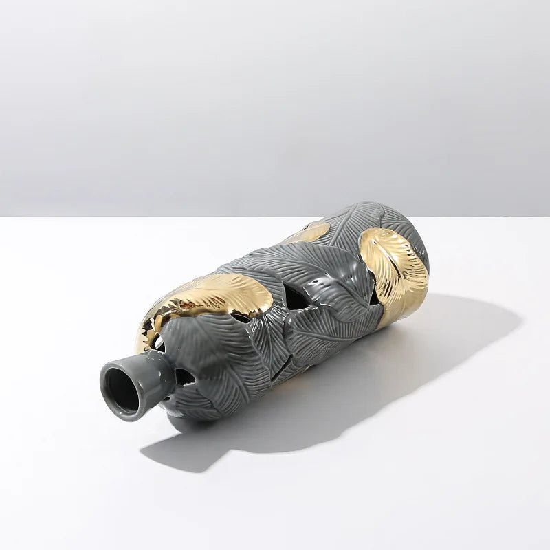 Afralia™ Feather Pattern Ceramic Vase in Gray and Gold - Home Decor Accent