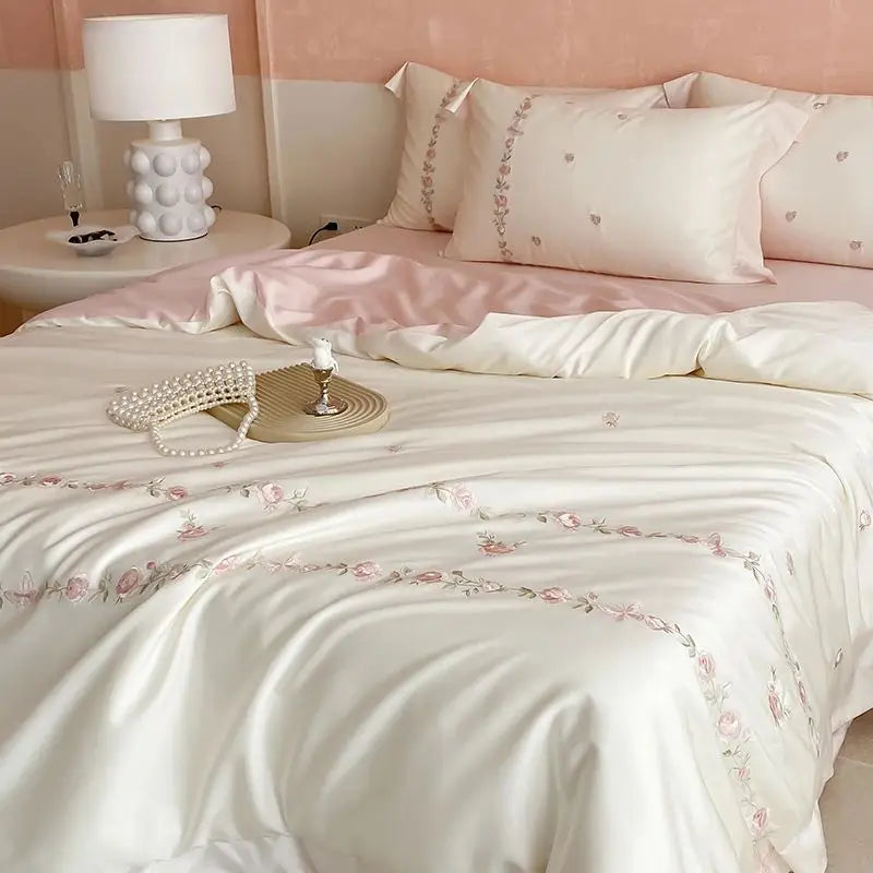 Afralia™ Rose Flowers Embroidery Bedding Set - Soft Lyocell Cotton, Silky Duvet Cover, Sheet, Pillowcases