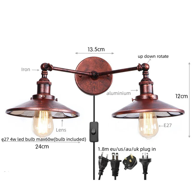 Afralia™ Industrial Vintage Double Heads LED Wall Light for Adjustable Coffee Reading