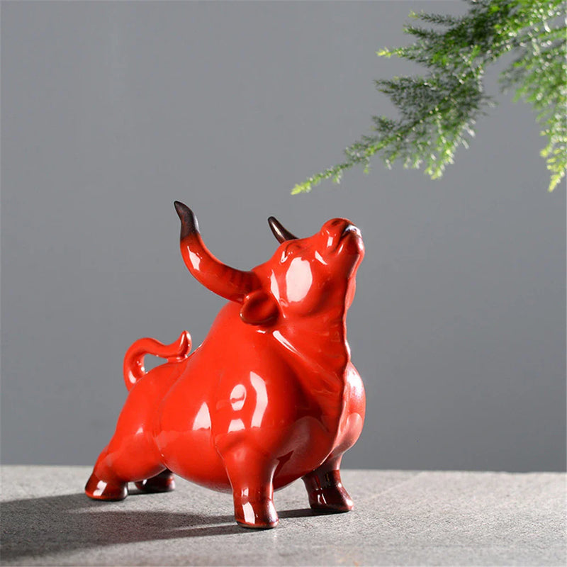 Afralia™ Red Ceramic Bull Sculpture Feng Shui Wealth Cow Figurine Zen Decor