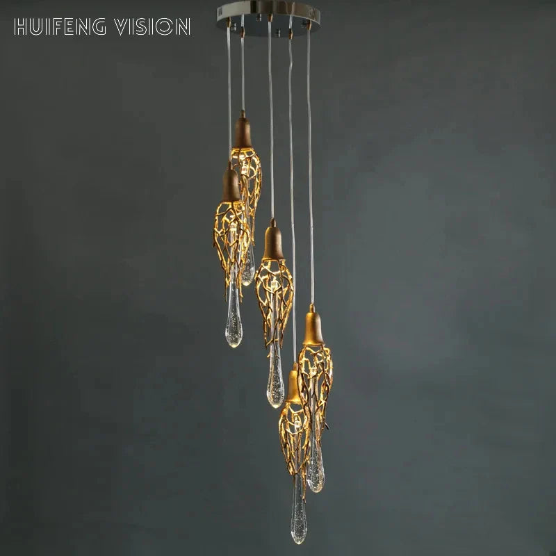 Afralia™ Copper Bronze Crystal Chandelier Ceiling Lighting Hotel Lobby Pendant Lamp