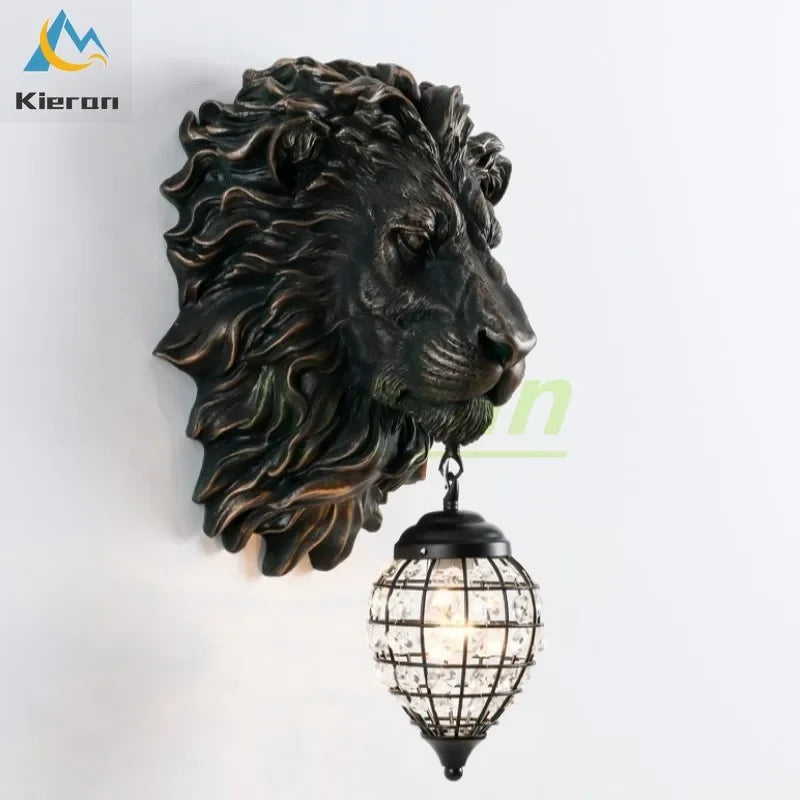 Afralia™ Lion Head Crystal Led Wall Lamp for Bedroom, Ktv, Living Room, Resin Wall Light