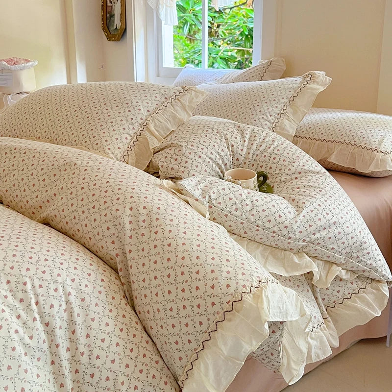 Afralia™ Floral Lace Ruffle Cotton Bedding Set with Quilt Cover, Duvet Cover, and Pillowcases