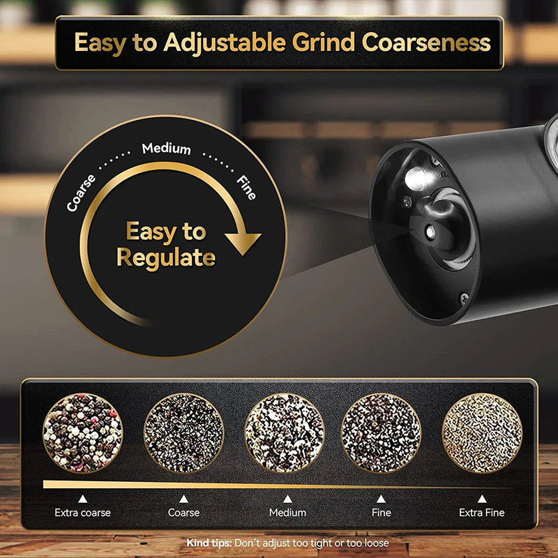 Afralia™ Electric Salt Pepper Grinder Set USB Rechargeable Adjustable Coarseness LED Light