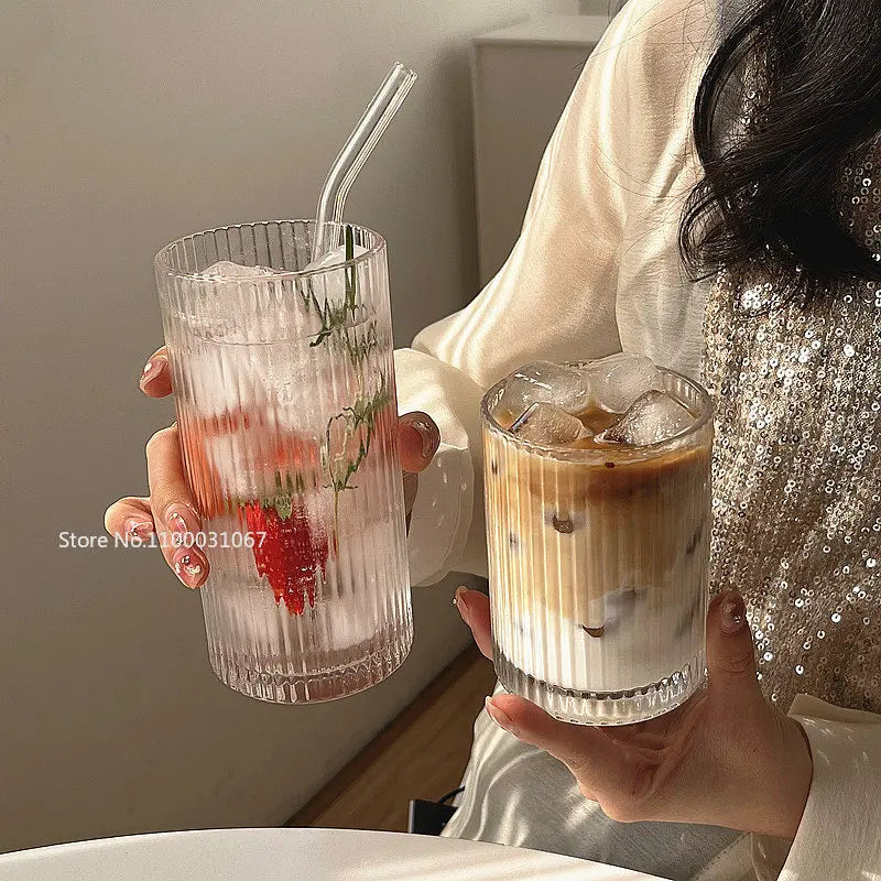 Afralia™ Striped Glass Coffee Cups Set - Transparent Drinkware for Coffee, Tea, Wine, and More