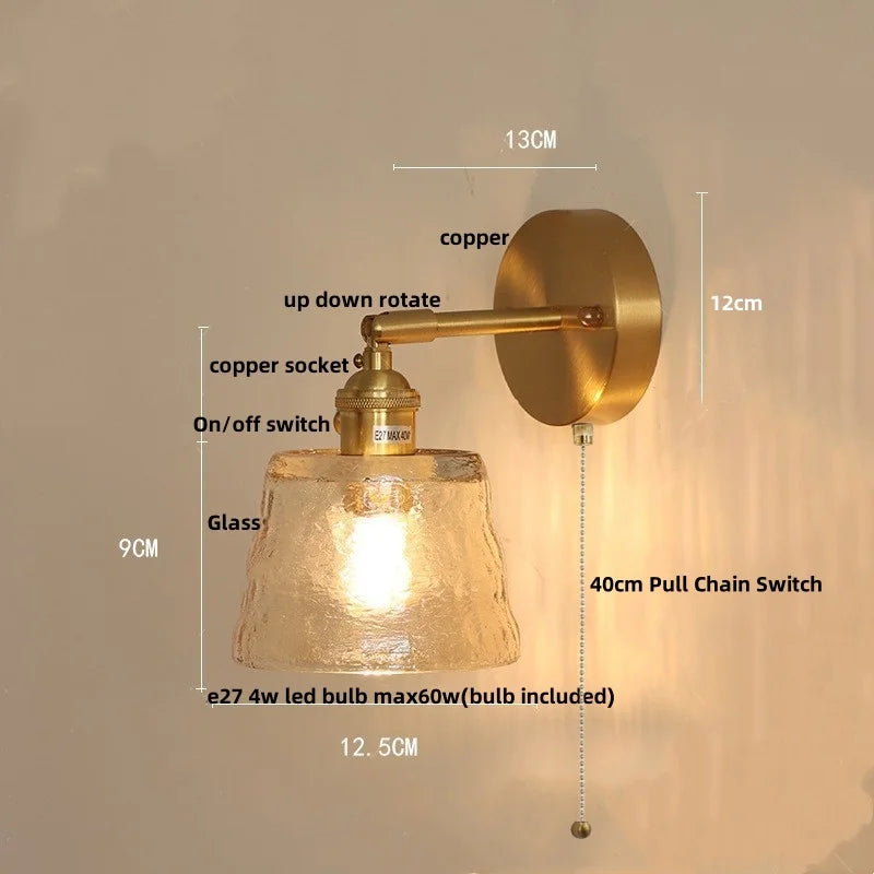 Afralia™ Flower Glass Pull Chain Wall Sconce, Rotatable Copper LED Stair Light